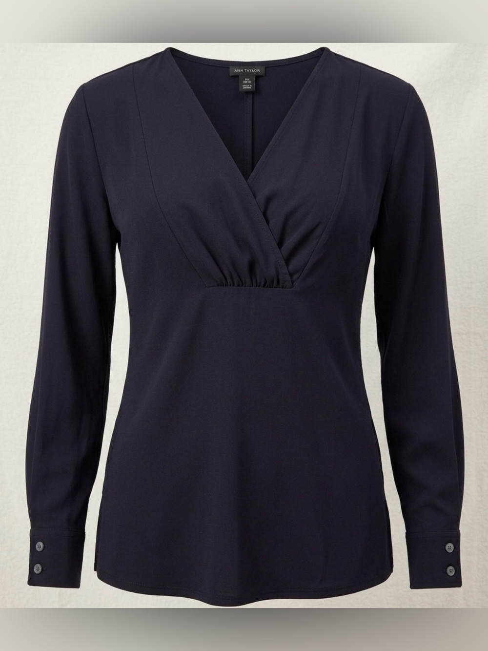 Ann Taylor Mixed Media Top S Small Navy Blue Surplice V-Neck Long Sleeve Cuffs